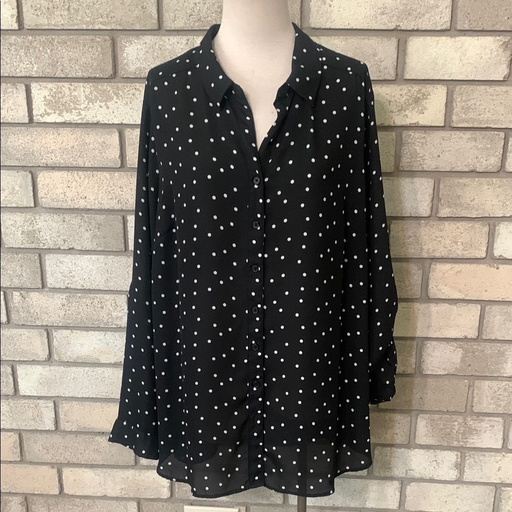Fred David Black and White Polka Dot Button-Up Blouse